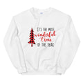 White crewneck sweatshirt with Christmas tree and 'most wonderful time' text print