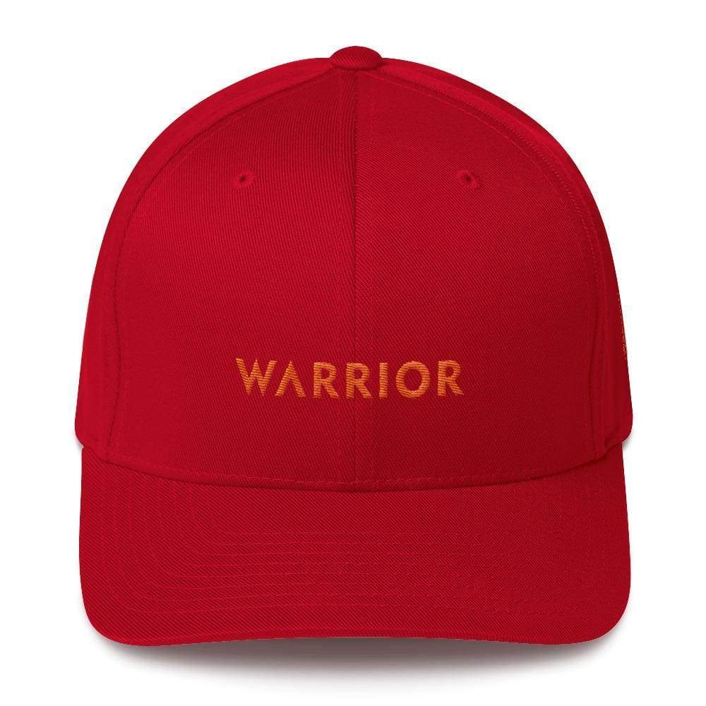 MS awareness hat in red with gold WARRIOR text on front