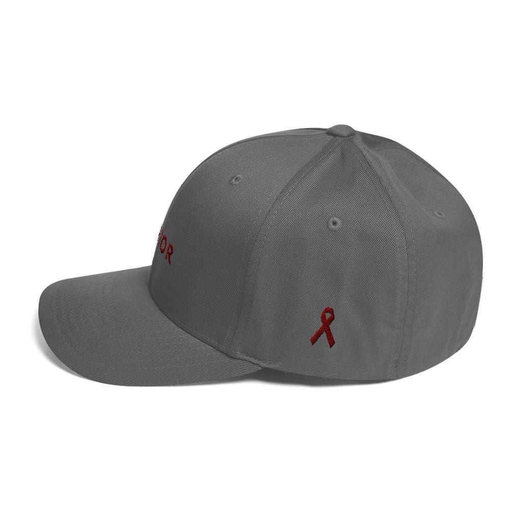 Dark grey twill fitted hat with small red side logo and awareness ribbon emblem