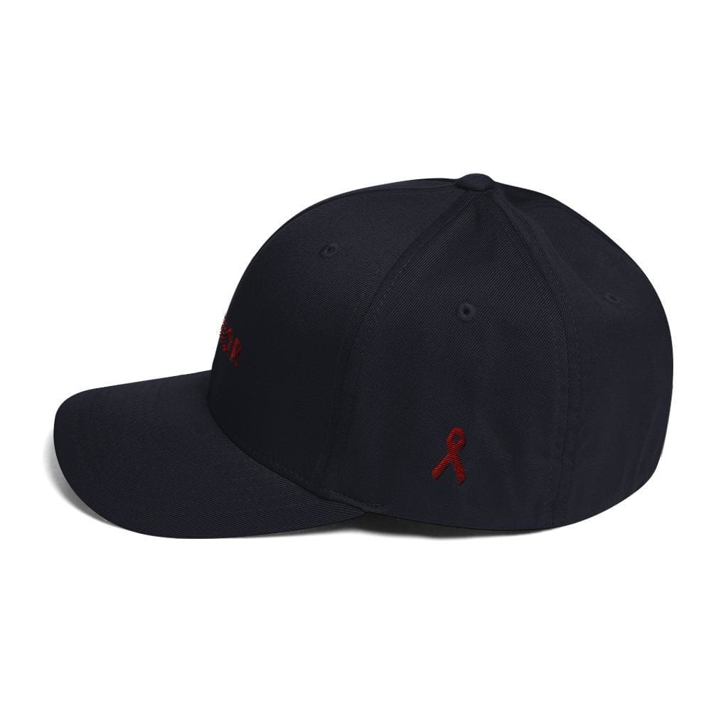 Dark navy twill fitted hat with small red awareness ribbon emblem on the side