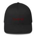 Black twill fitted hat with “WARRIOR” front text and stitched eyelets