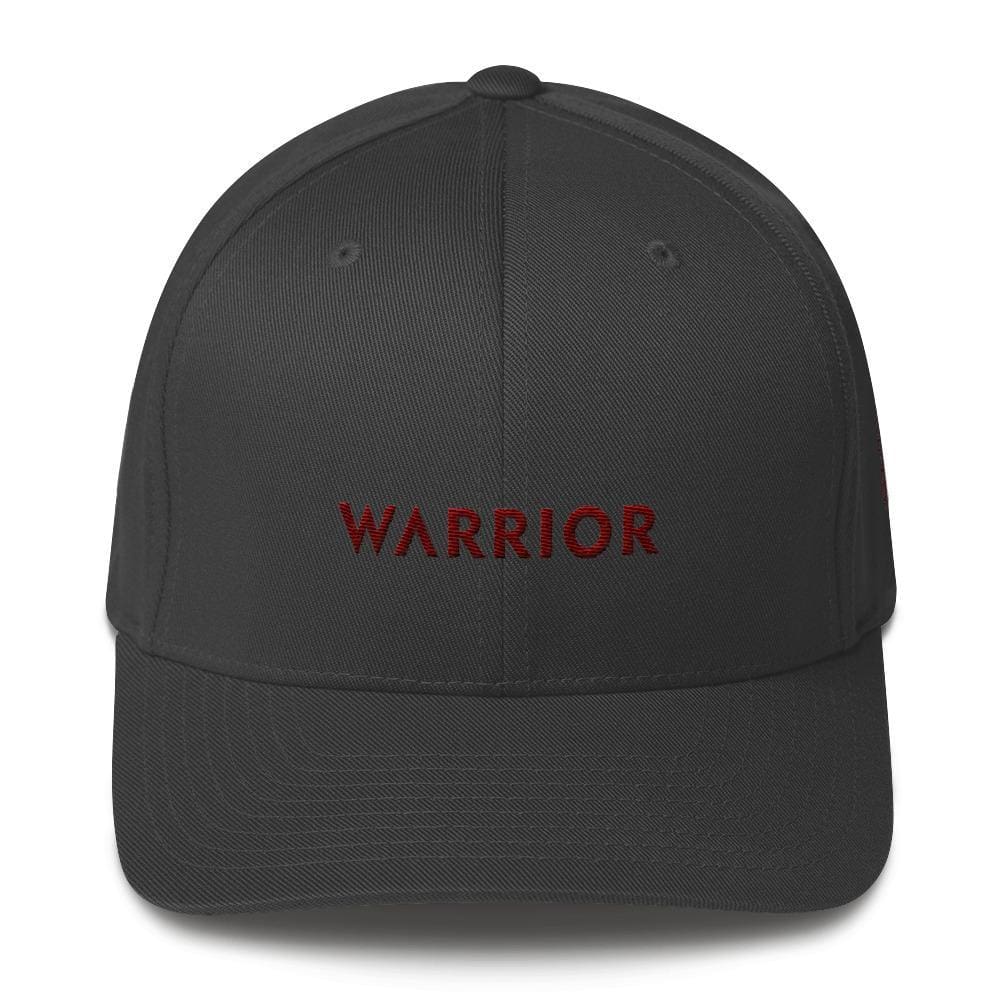 Dark grey twill fitted hat with “WARRIOR” front text and stitched eyelets