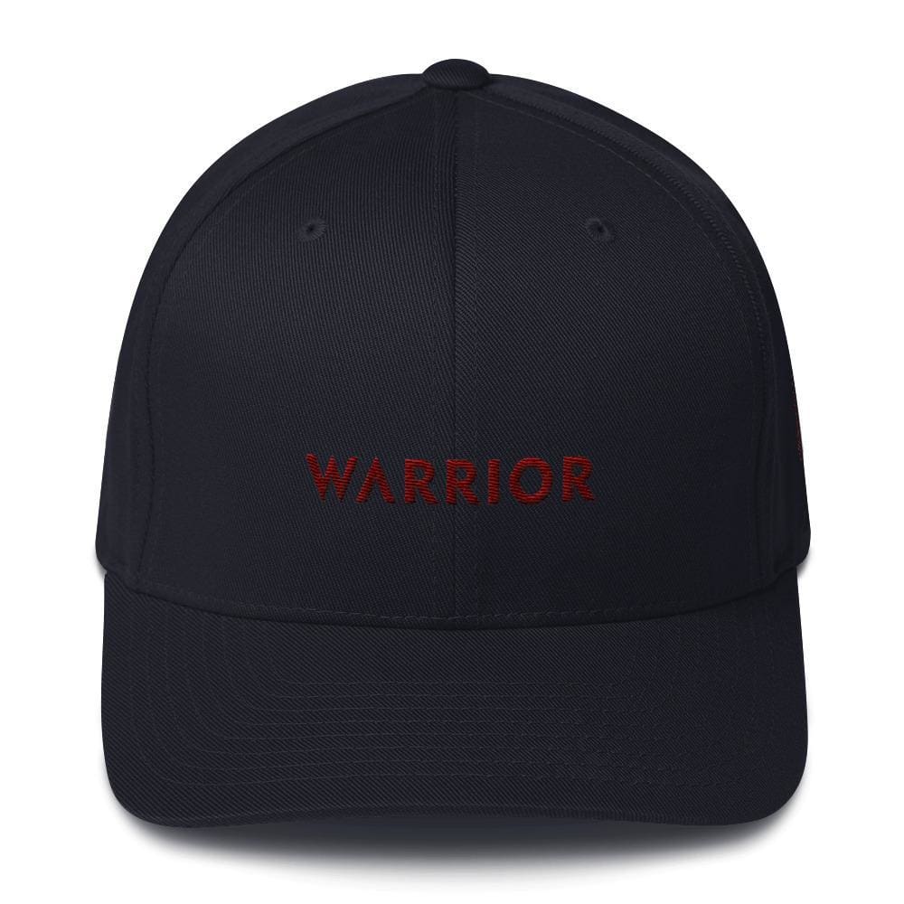 Dark navy twill fitted hat with “WARRIOR” front text and stitched eyelets