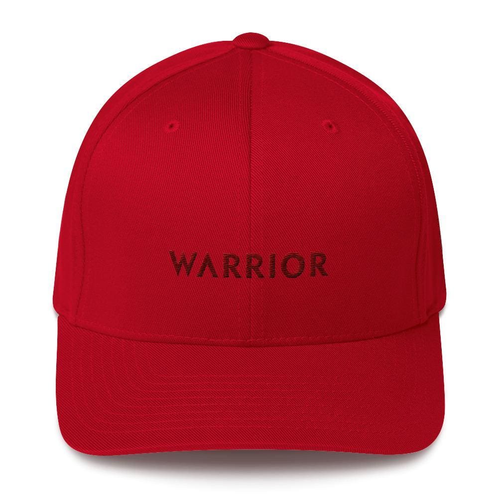 Red twill fitted hat with “WARRIOR” front text and stitched eyelets