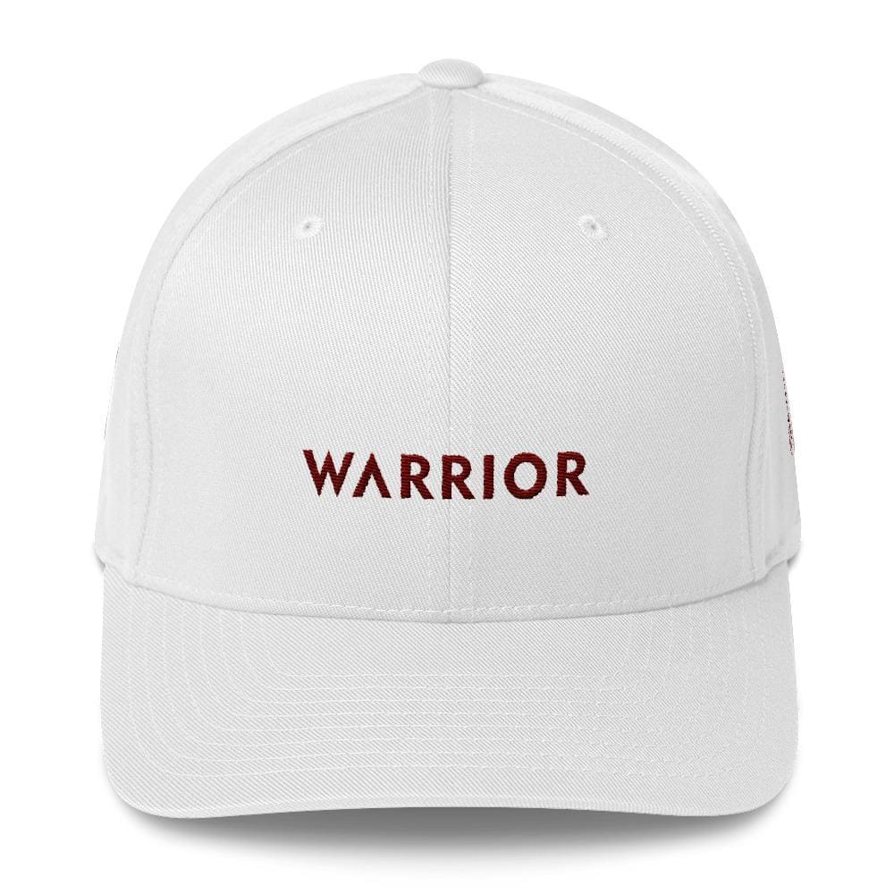 White twill fitted hat with “WARRIOR” front text and stitched eyelets