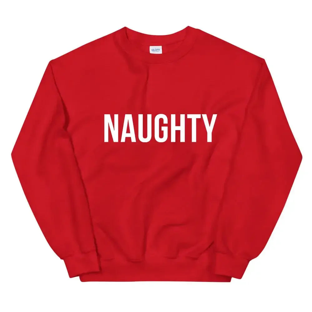 Red sweatshirt with 'NAUGHTY' white front text