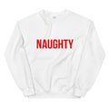 White sweatshirt with 'NAUGHTY' red front graphic
