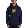 Navy hooded sweatshirt with kangaroo pocket and circular star logo on chest
