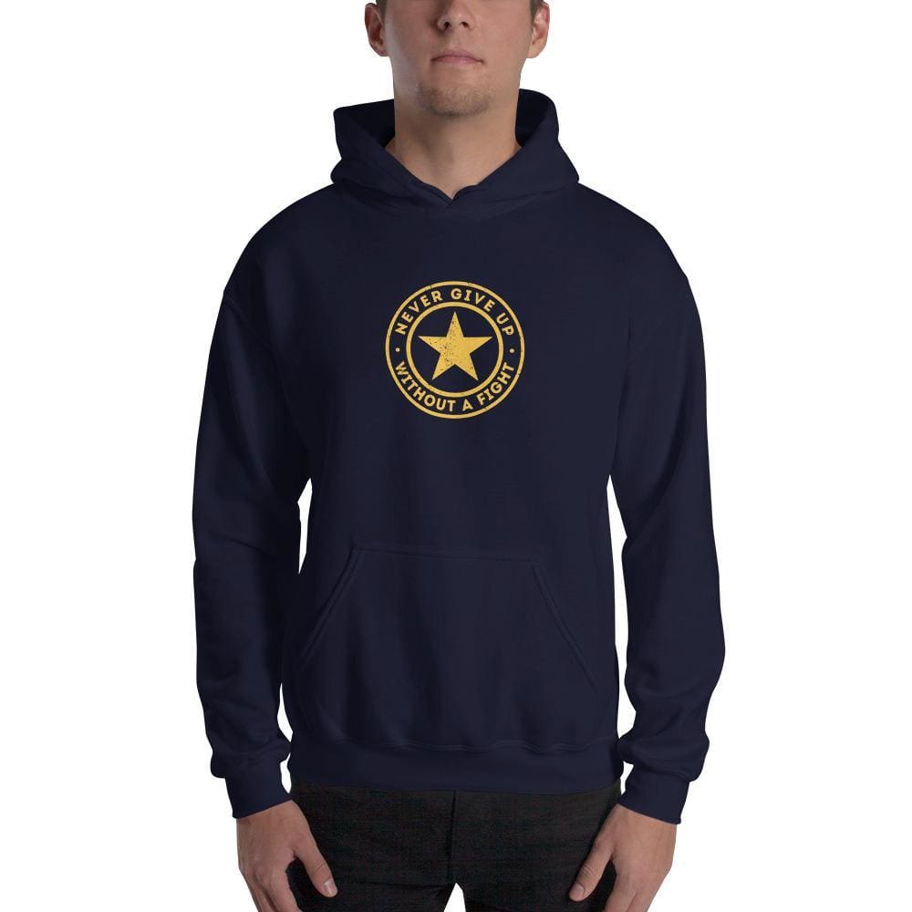 Navy hooded sweatshirt with kangaroo pocket and circular star logo on chest