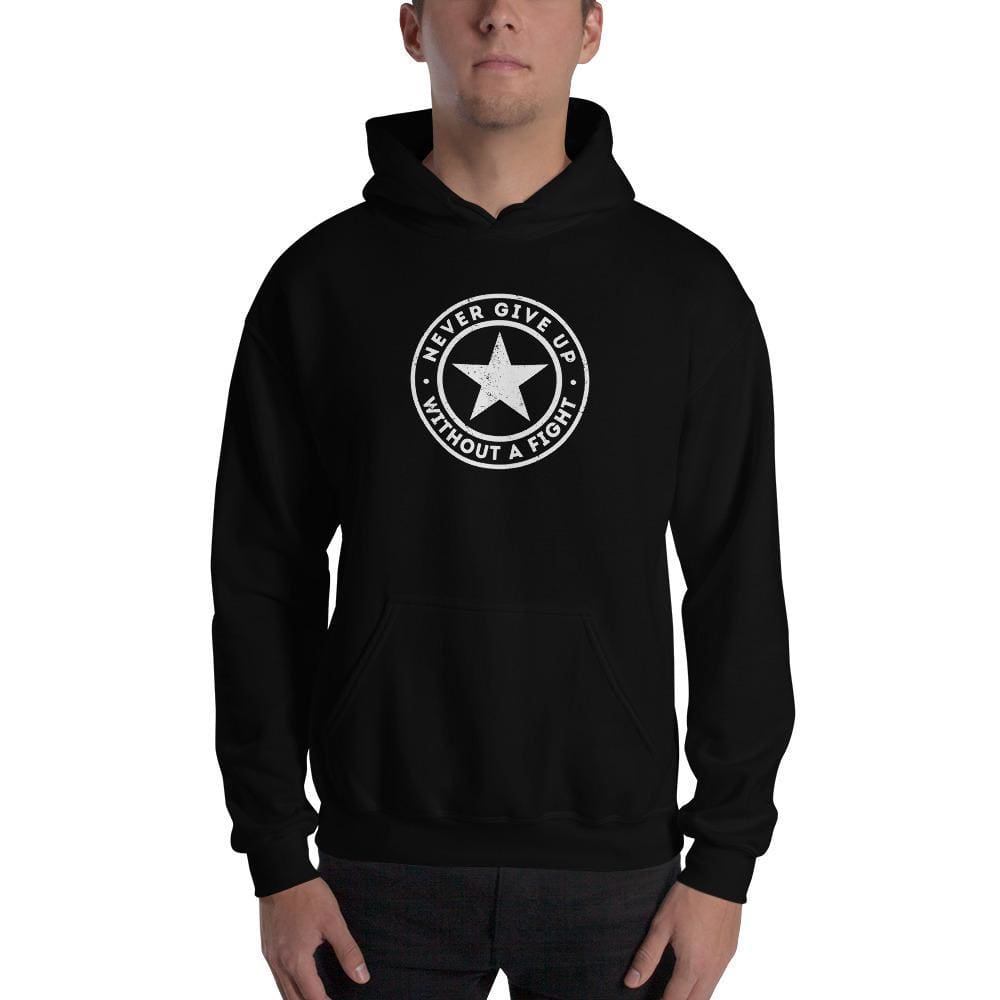 Black pullover hoodie sweatshirt with chest logo and front kangaroo pocket