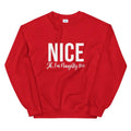 Red crewneck sweatshirt with 'NICE' and 'JK, I'm Naughty too' graphic