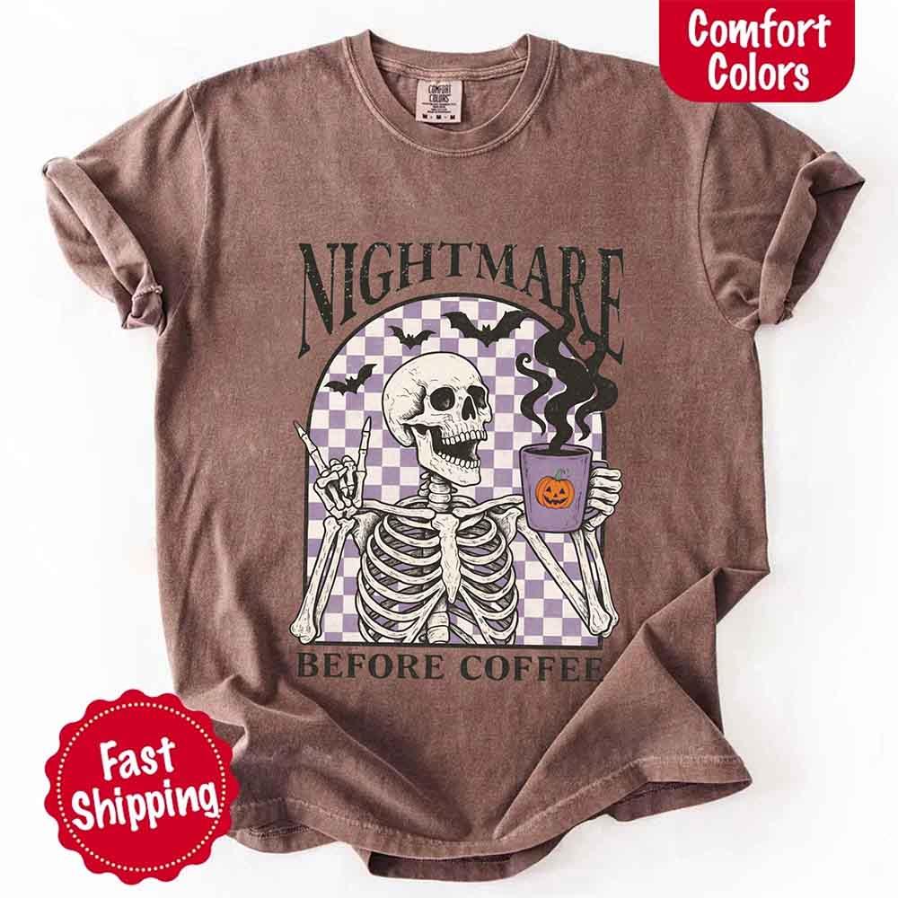 Espresso-brown T-shirt flat lay with skeleton “Nightmare Before Coffee” front graphic