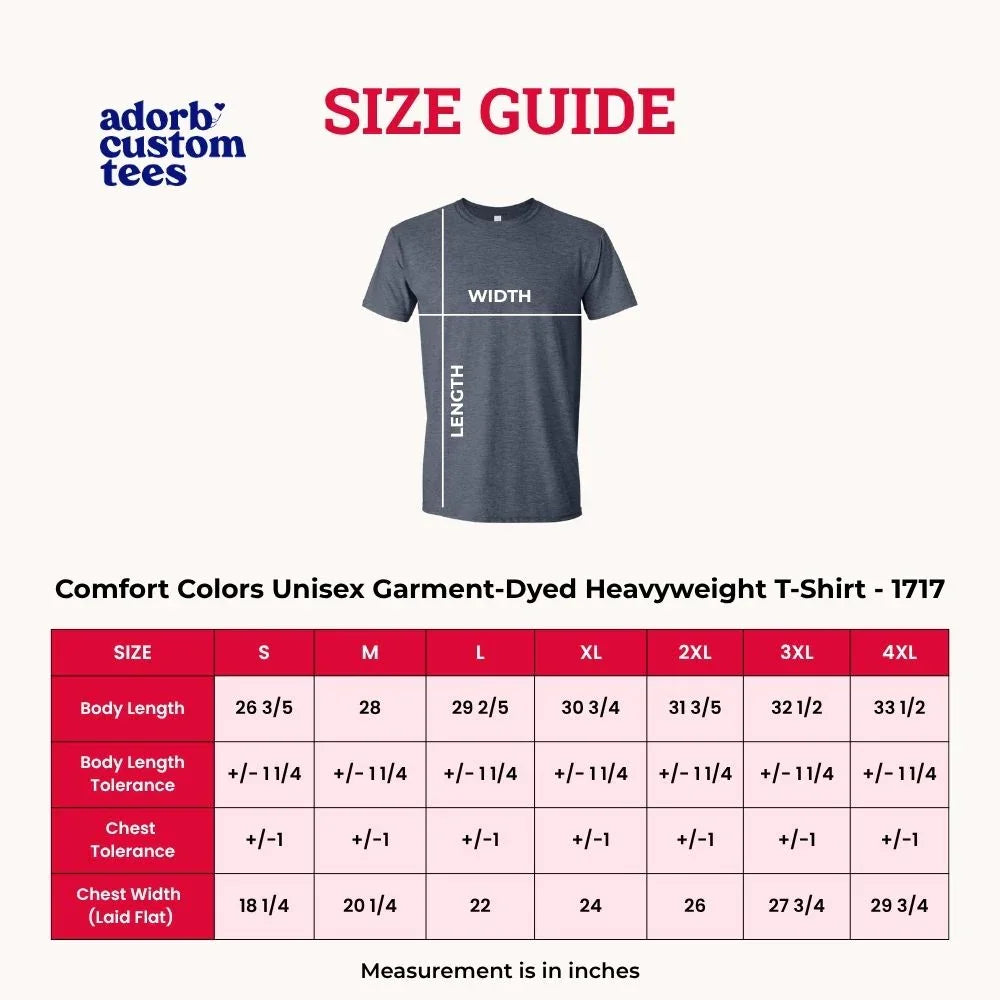 Size guide chart for Comfort Colors 1717 unisex garment-dyed T-shirt