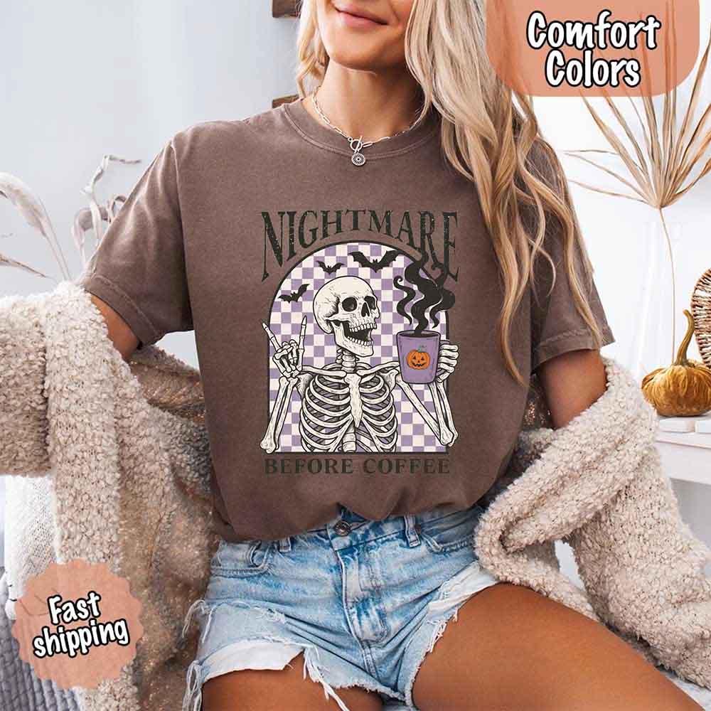 Espresso-brown T-shirt with skeleton “Nightmare Before Coffee” front graphic, crew neck