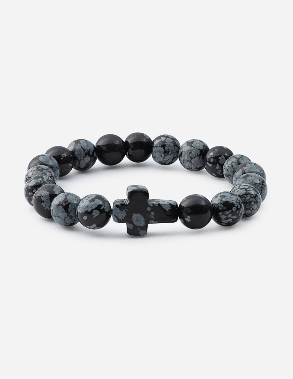 Black and gray stone bead bracelet with central cross charm