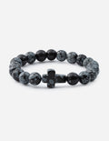 Black and gray stone bead bracelet with central cross charm