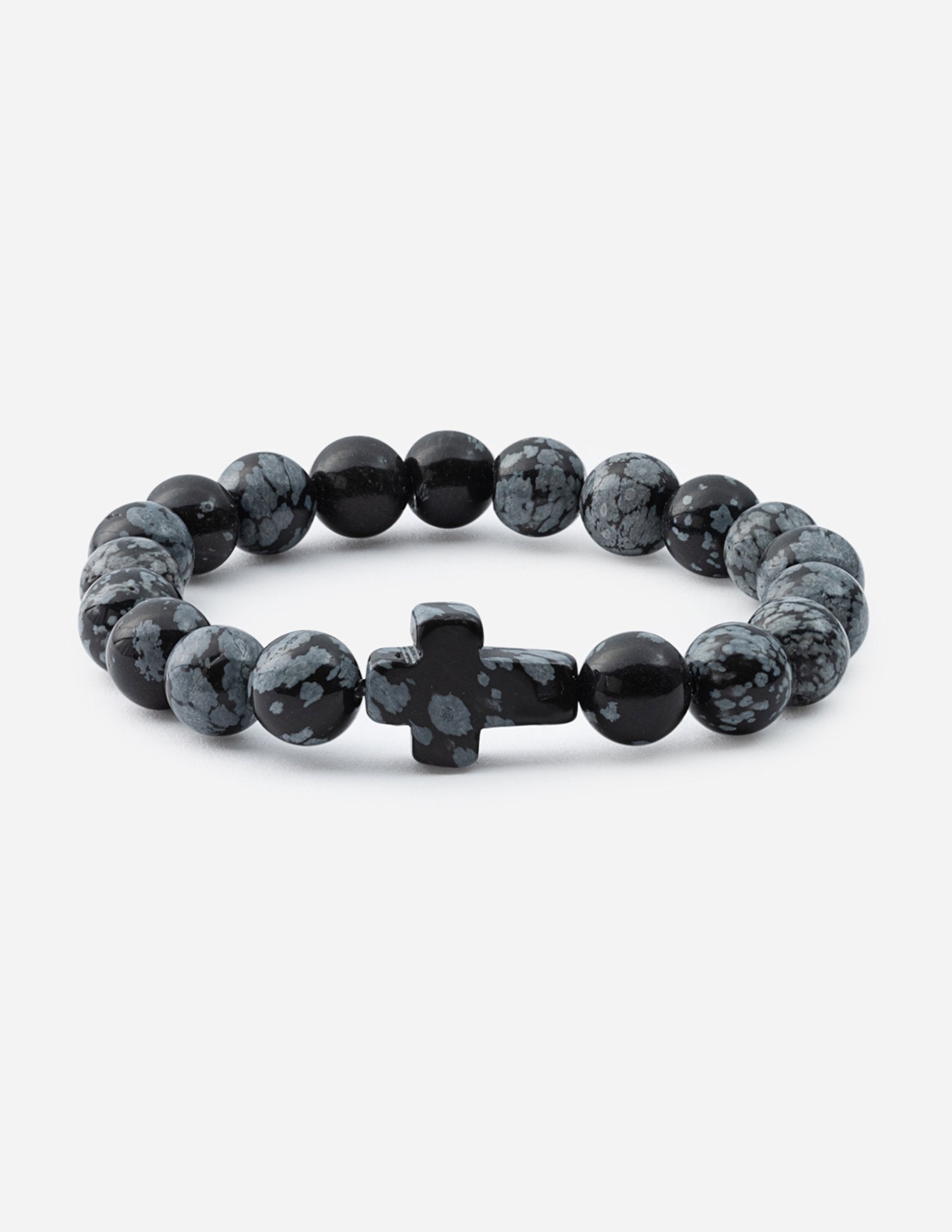 Black and gray stone bead bracelet with central cross charm