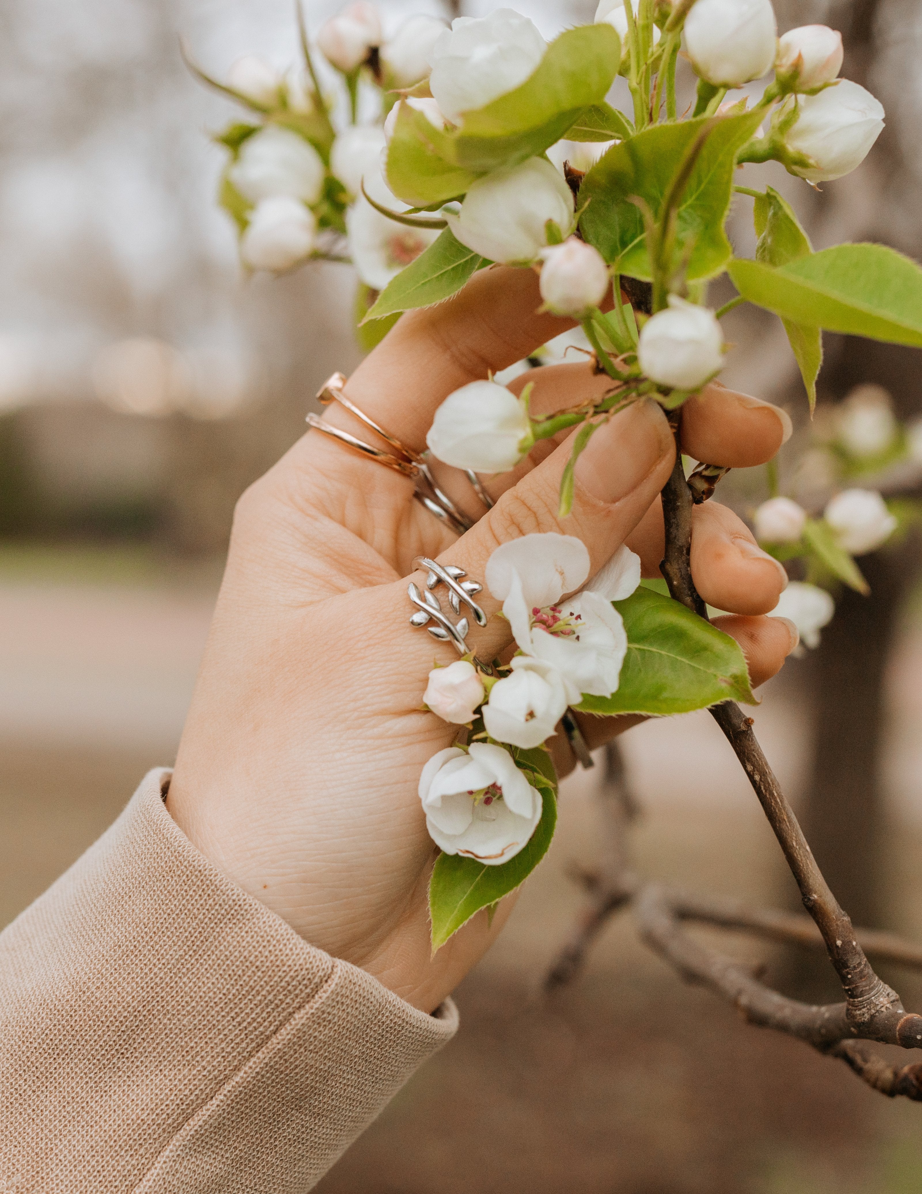 Silver olive branch ring with leaf motif on hand holding blossoms