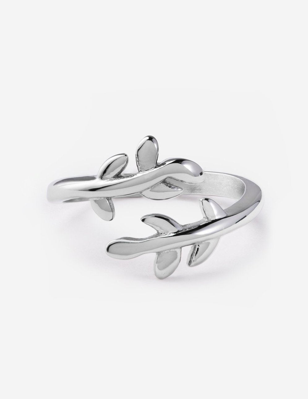 Silver olive branch ring with leaf vine design, open band