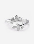 Silver olive branch ring with leaf vine design, open band