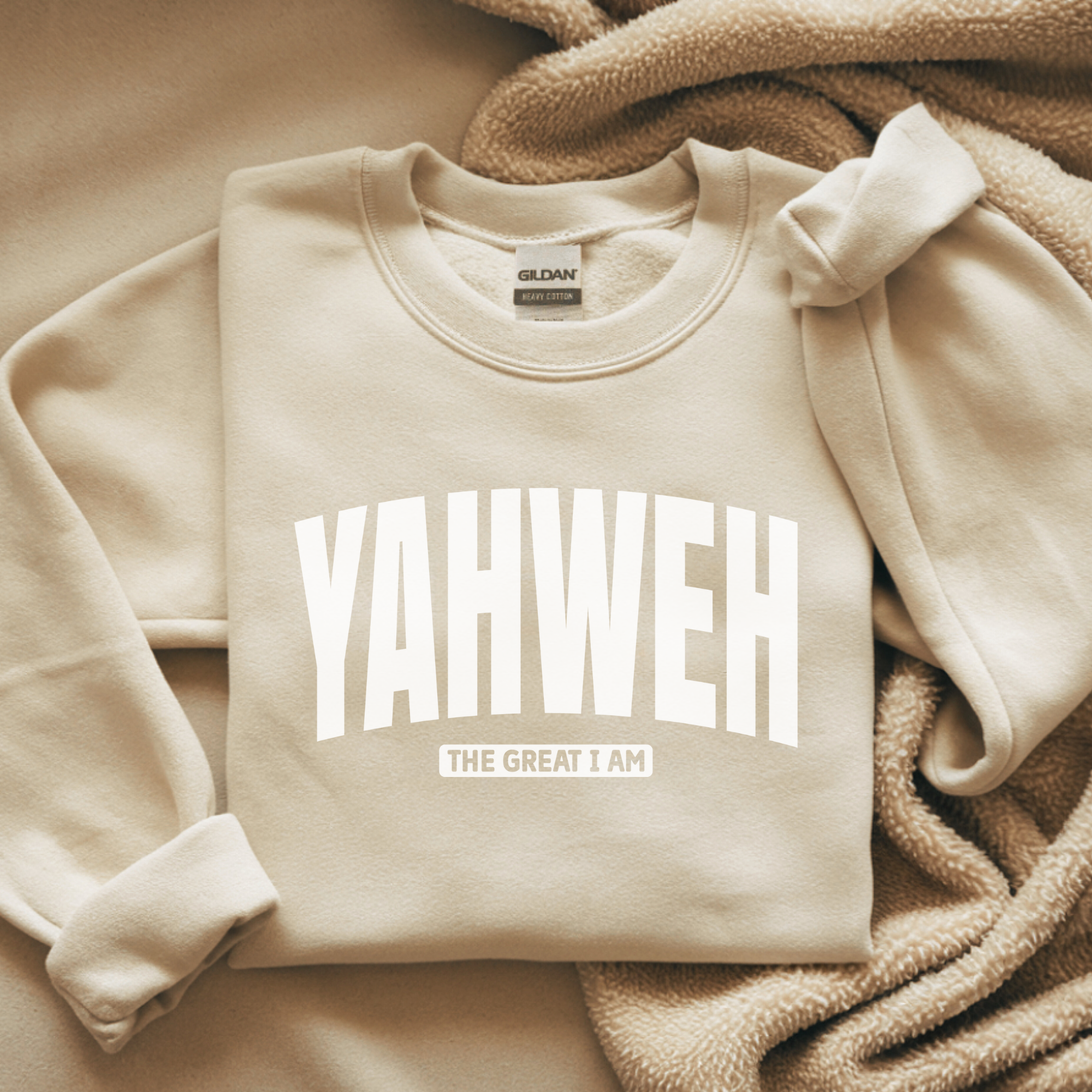 Beige crewneck sweatshirt with YAHWEH logo and 'The Great I Am' text