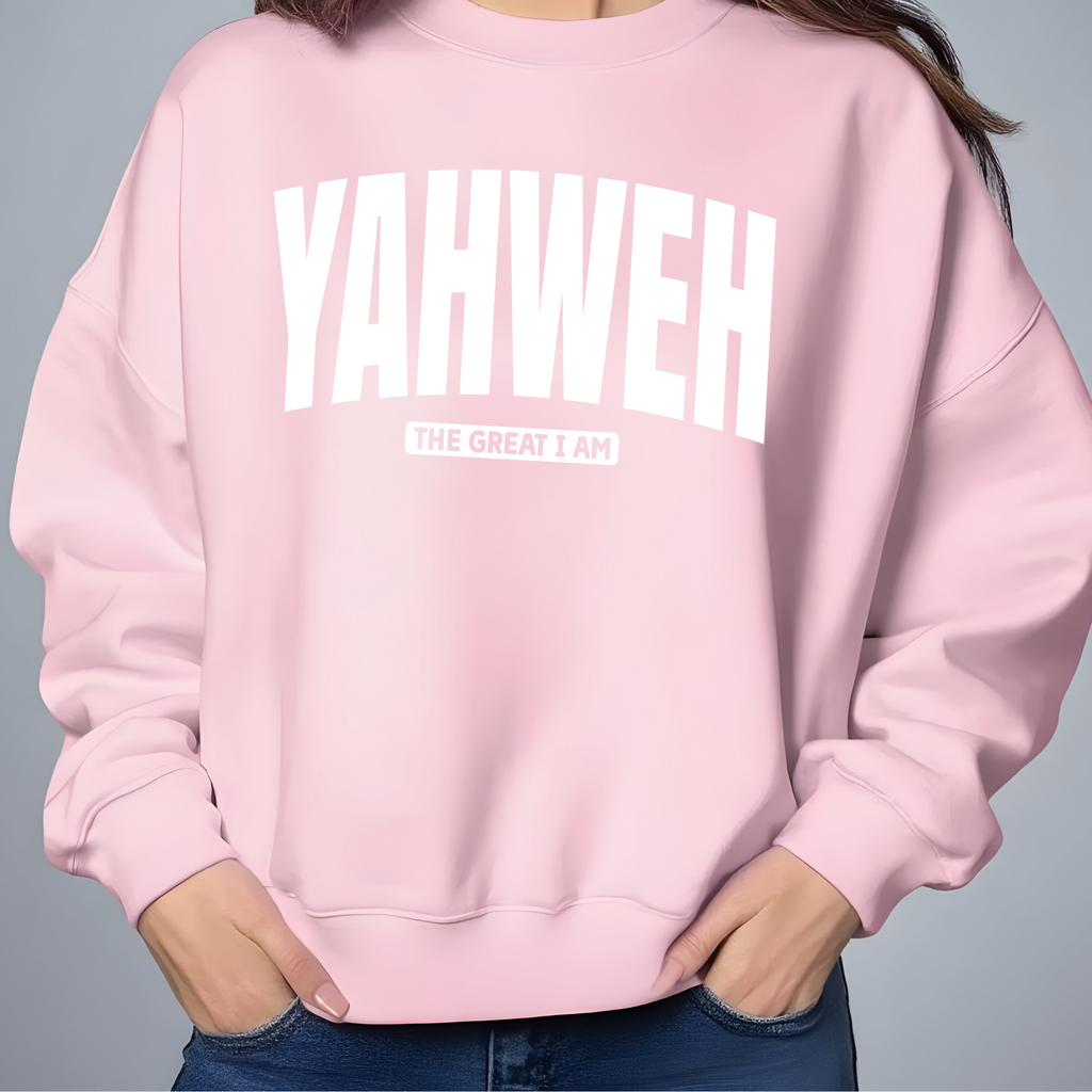 Pink crewneck sweatshirt with YAHWEH logo and 'The Great I Am' text