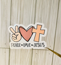 Peace-themed vinyl sticker with peace sign, heart, cross, and Peace Love Jesus text