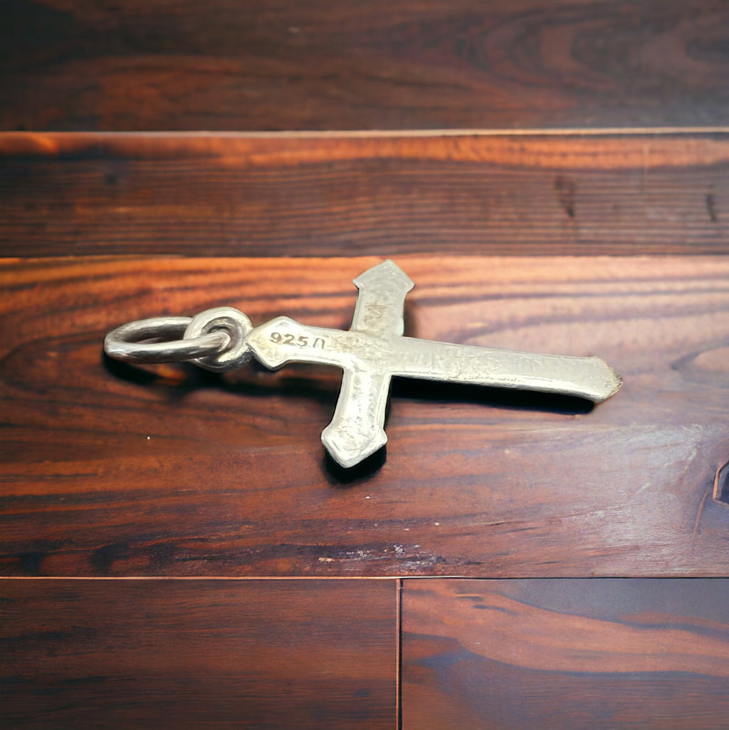 Sterling silver cross charm, stamped 925, with split ring and top loop