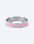 Pink enamel ring with silver band and raised GAV logo lettering