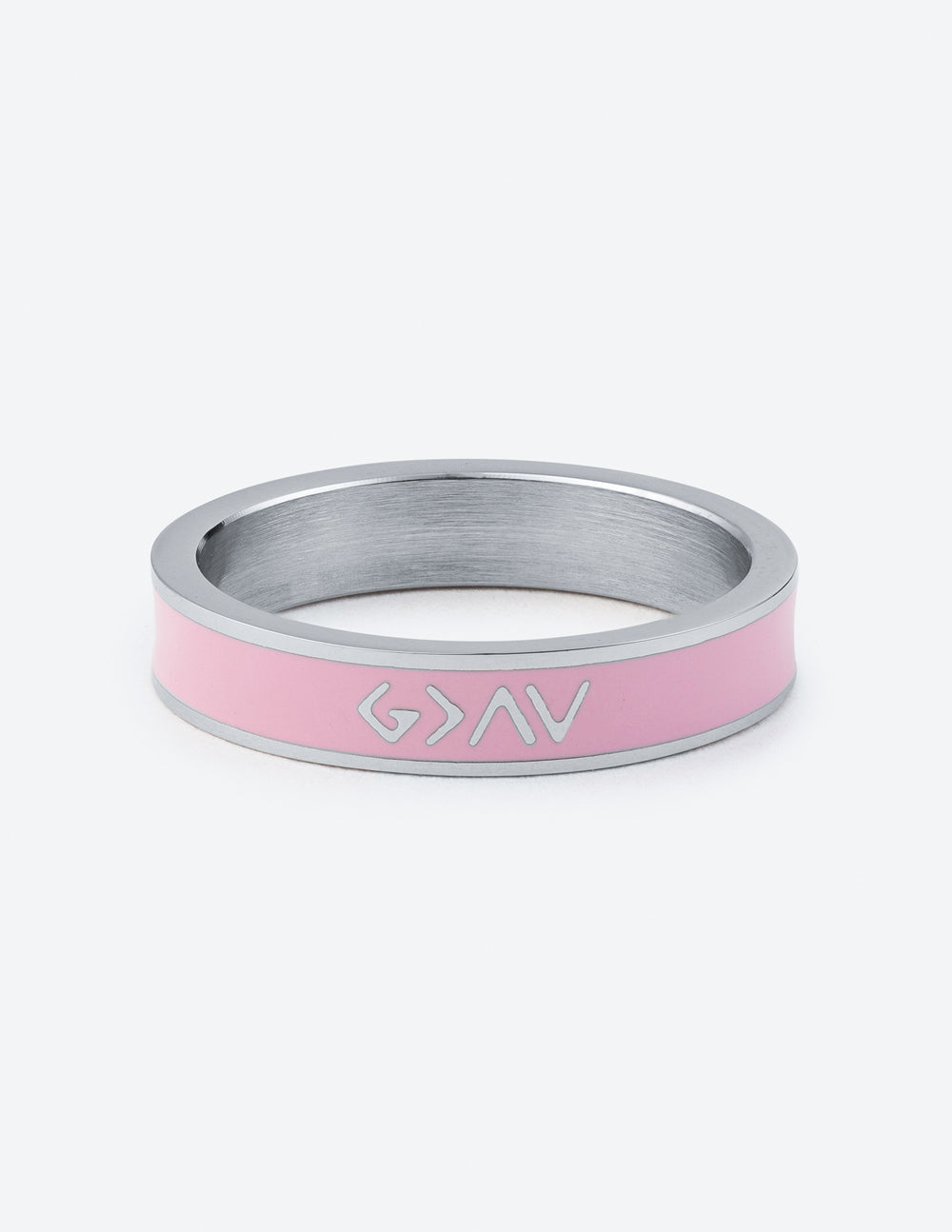 Pink enamel ring with silver band and raised GAV logo lettering