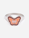 Silver ring with pink enamel butterfly motif, polished band