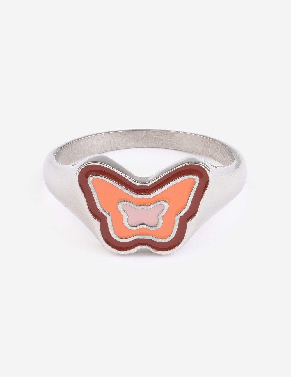 Silver ring with pink enamel butterfly motif, polished band