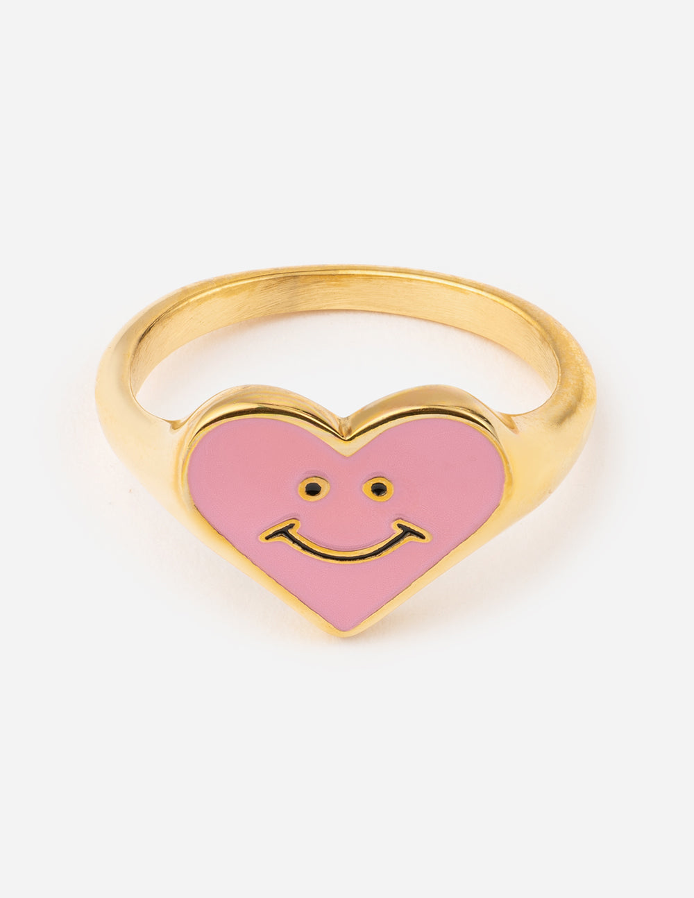 Gold-tone ring with pink enamel smiley heart face front