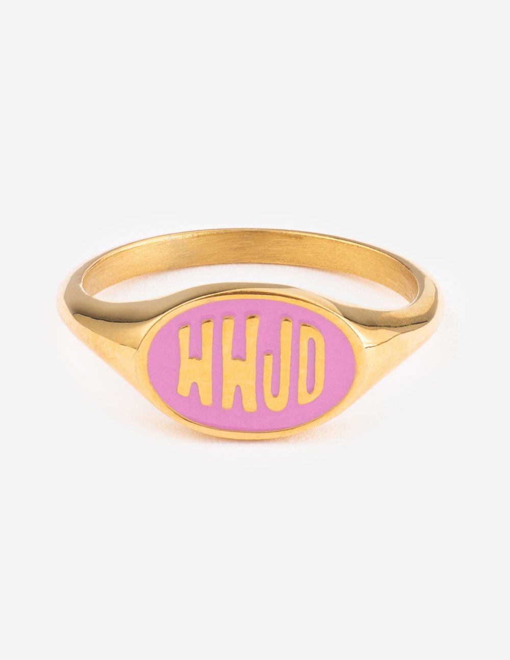 Pink enamel WWJD ring with gold-tone band and pink oval face