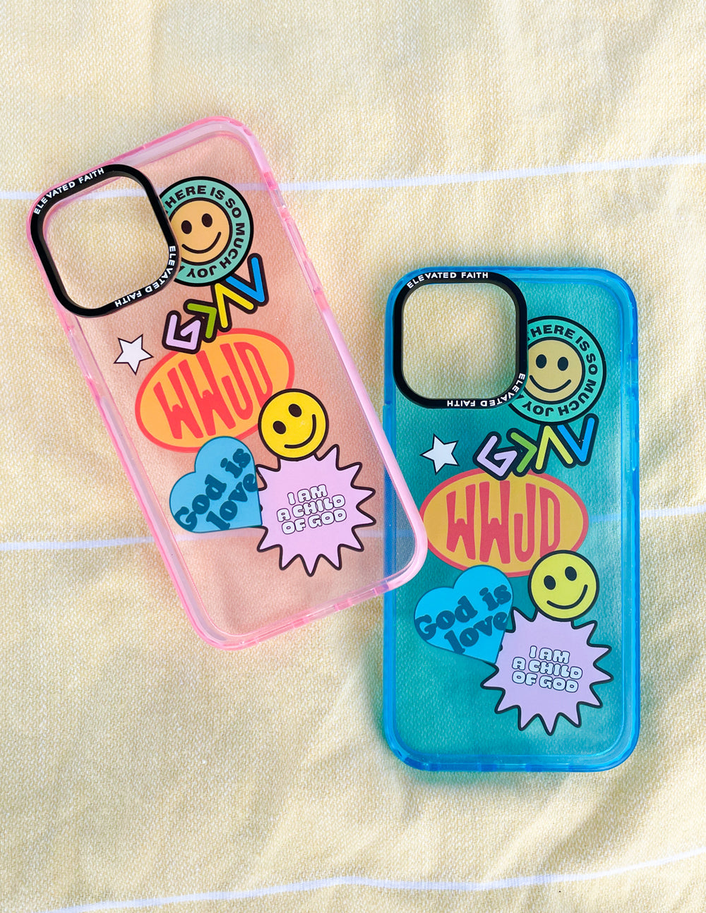 Phone case pair: pink and blue with sticker collage, star smiley icons, camera cutouts