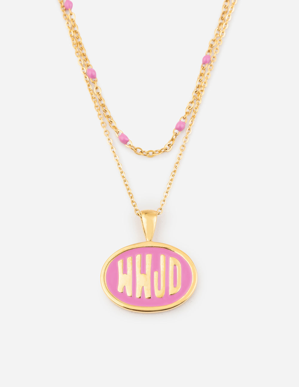 Gold-tone necklace with pink WWJD round pendant and small pink bead accents