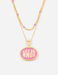 Gold-tone necklace with pink WWJD round pendant and small pink bead accents