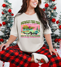 Light gray short-sleeve crewneck T-shirt with colorful Christmas tree farm graphic