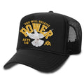 Black trucker cap with front graphic text and dove detail, mesh back