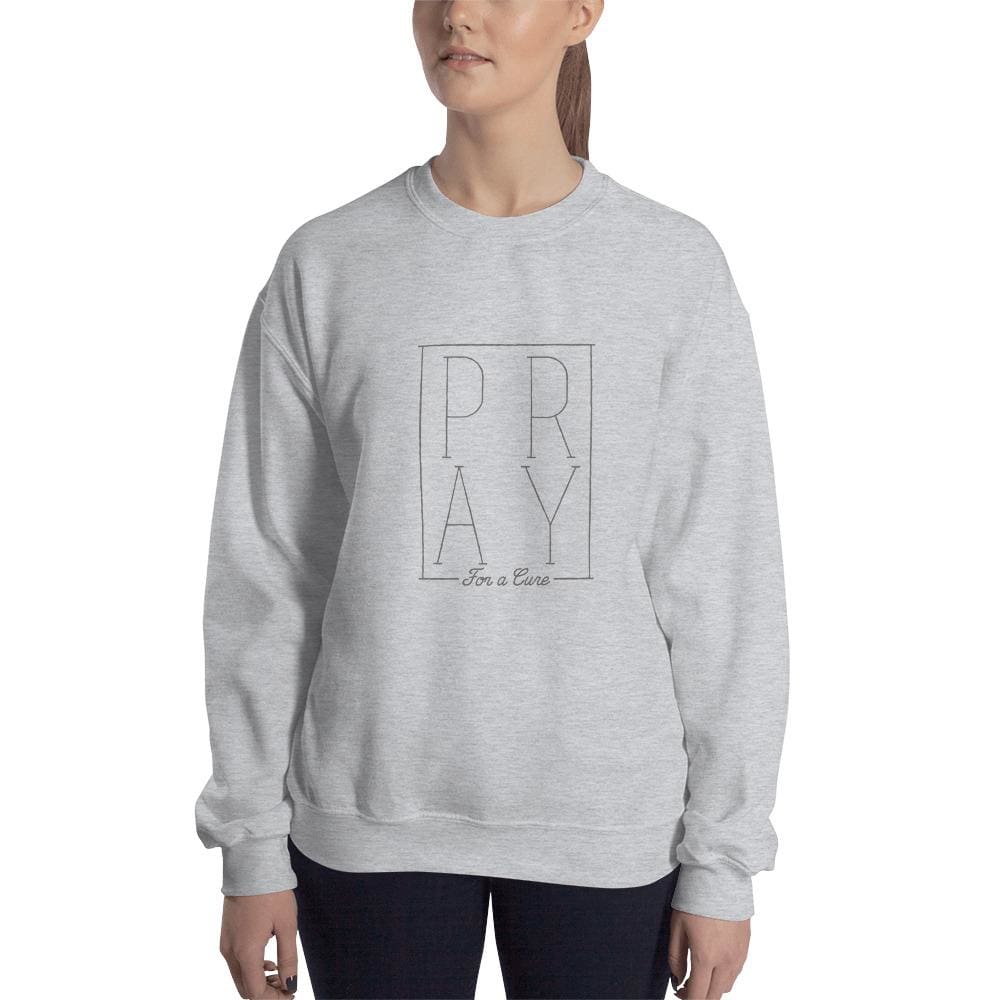 Light gray sweatshirt with centered PRAY graphic in a square outline