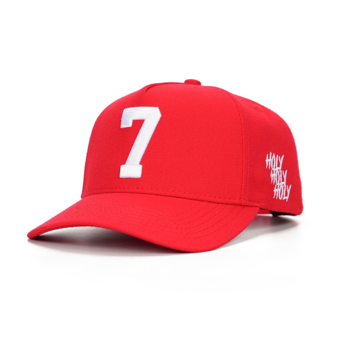 Red snapback cap with white '7' logo and small white script on side