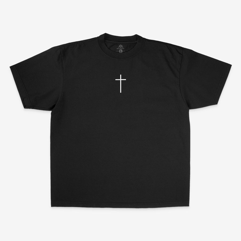 Black T-shirt with small white cross emblem on the front center.