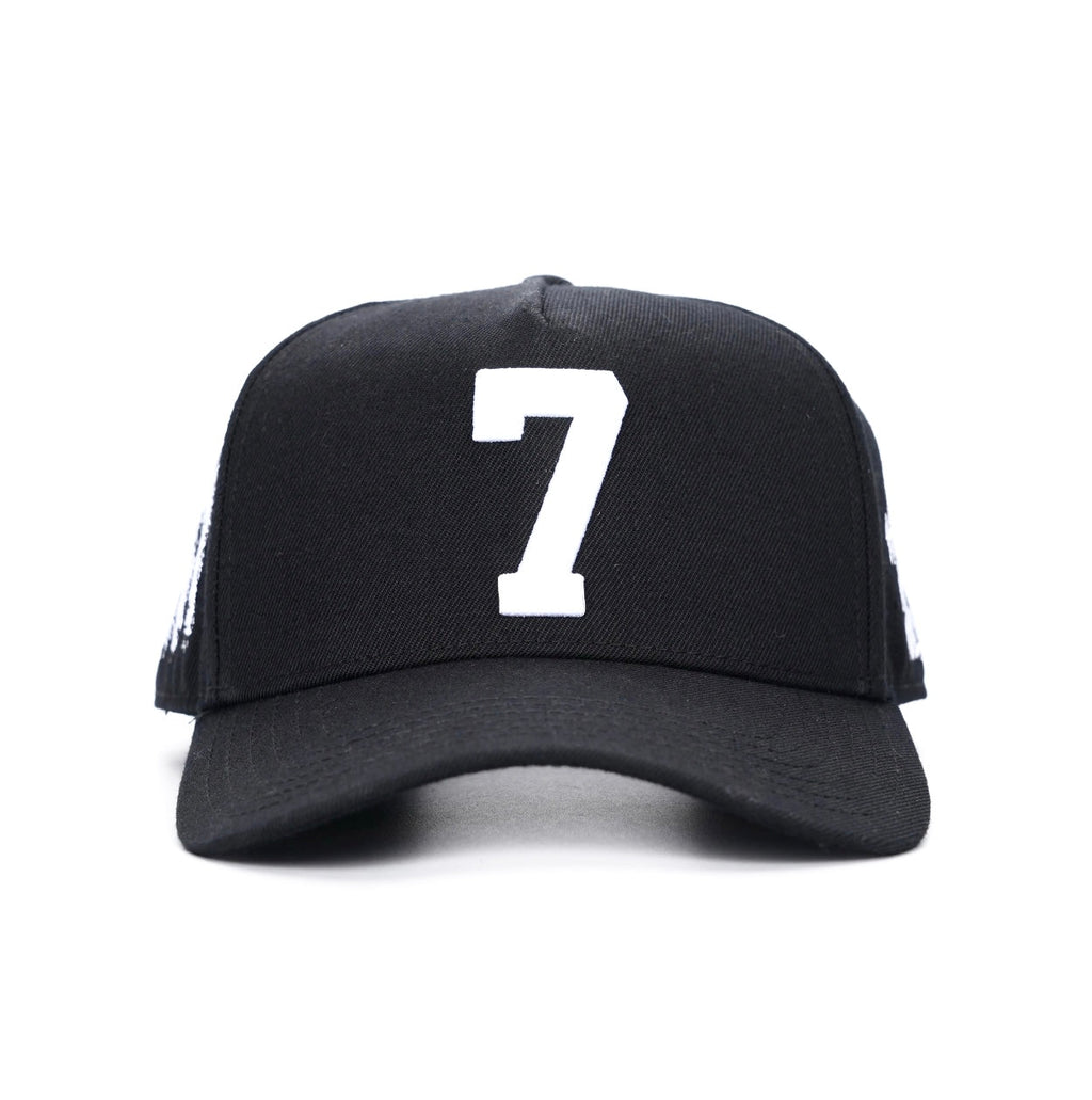 Black snapback cap with bold white "7" logo on front
