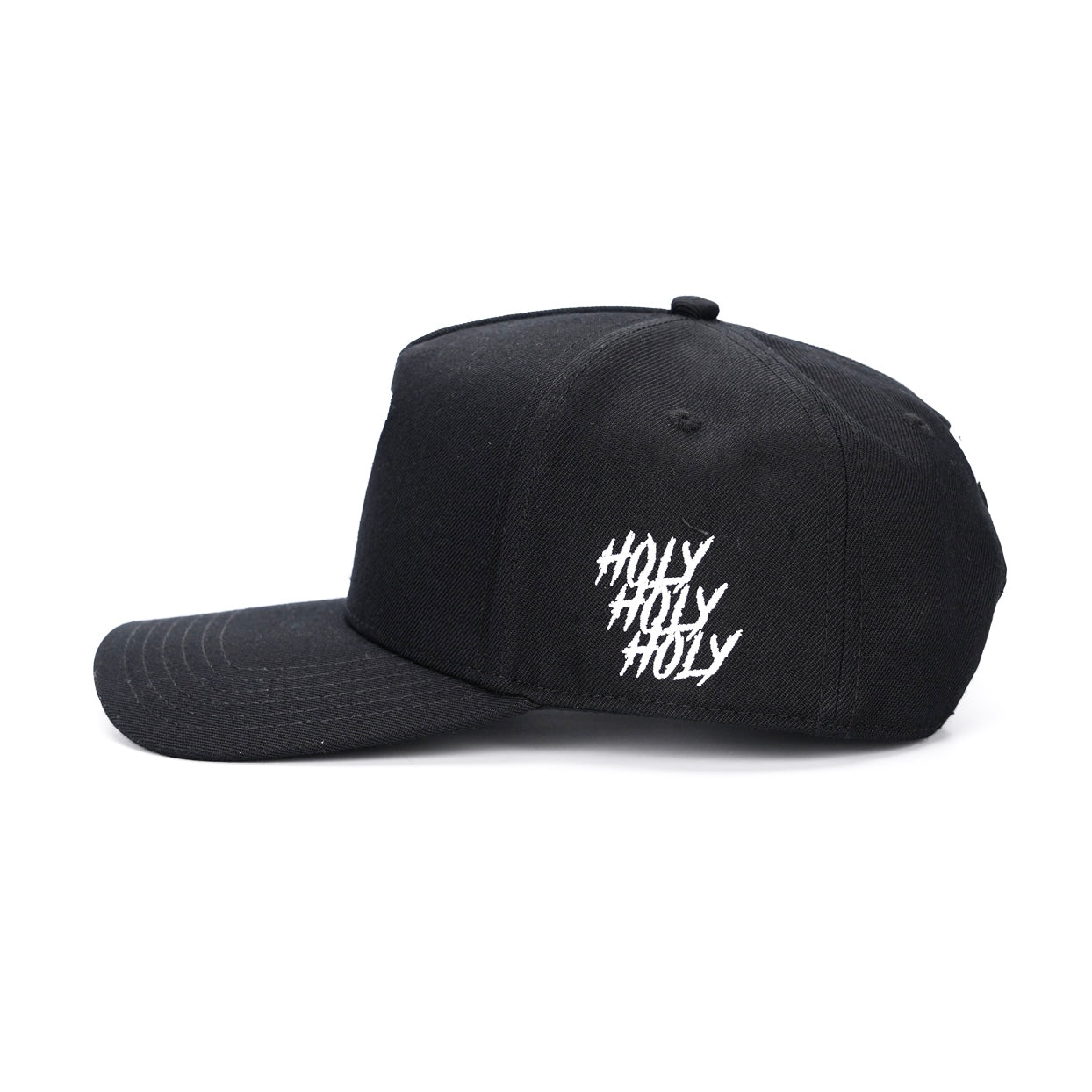 Black snapback cap with white "holy" text graphic on side