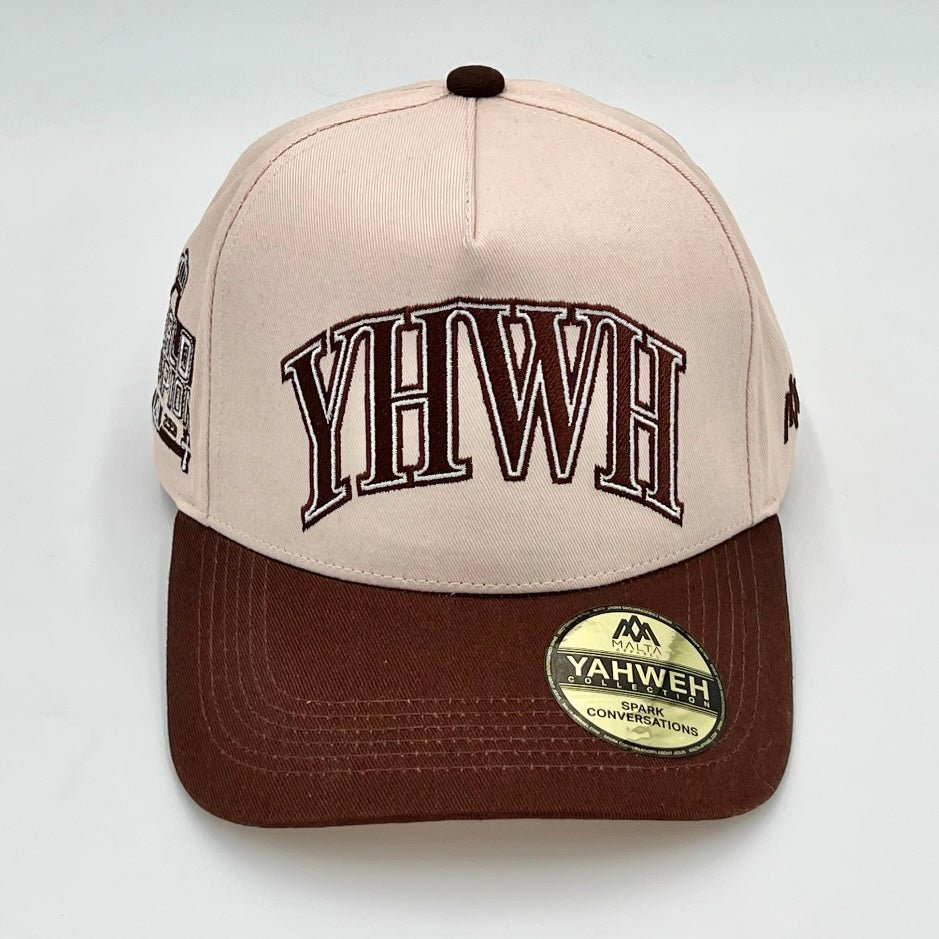 Cream and brown snapback cap front with YHWH logo and YAHWEH patch