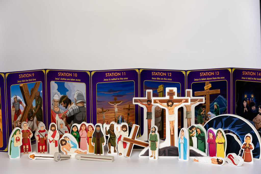 Stations of the Cross pray & play set with station cards and small figurine cutouts