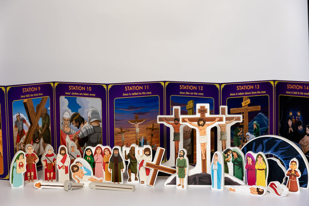 Stations of the Cross pray & play set with station cards and small figurine cutouts