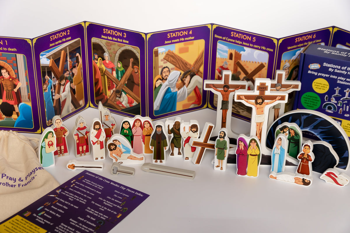 Stations of the Cross pray & play set with station cards, figurines, and cross centerpiece