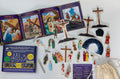 Stations of the Cross pray & play set with cards, character cutouts, and wooden-style crosses