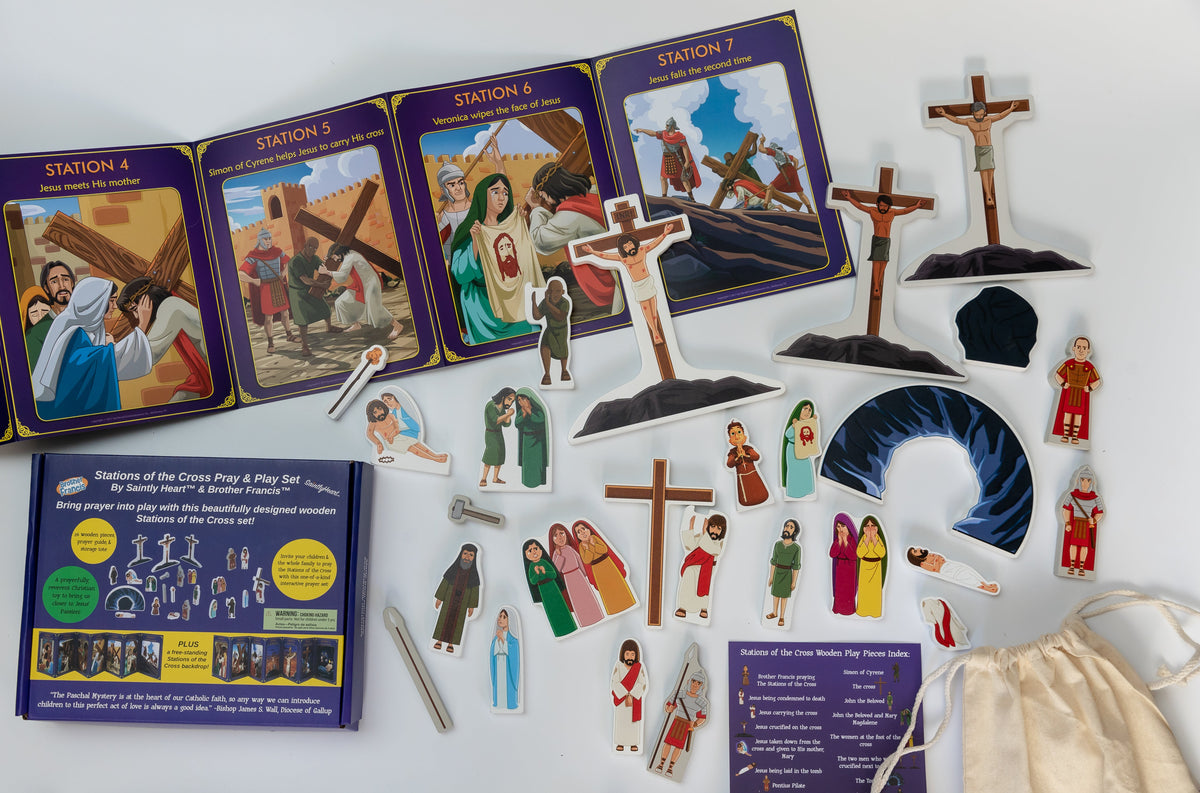 Stations of the Cross pray & play set with cards, character cutouts, and wooden-style crosses